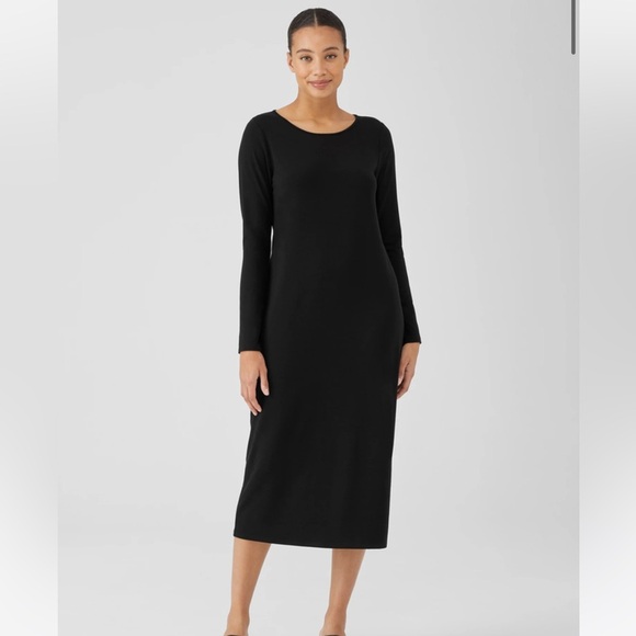 Eileen Fisher Petite Small SP Stretch Jersey Knit Jewel Neck Dress Black Midi
